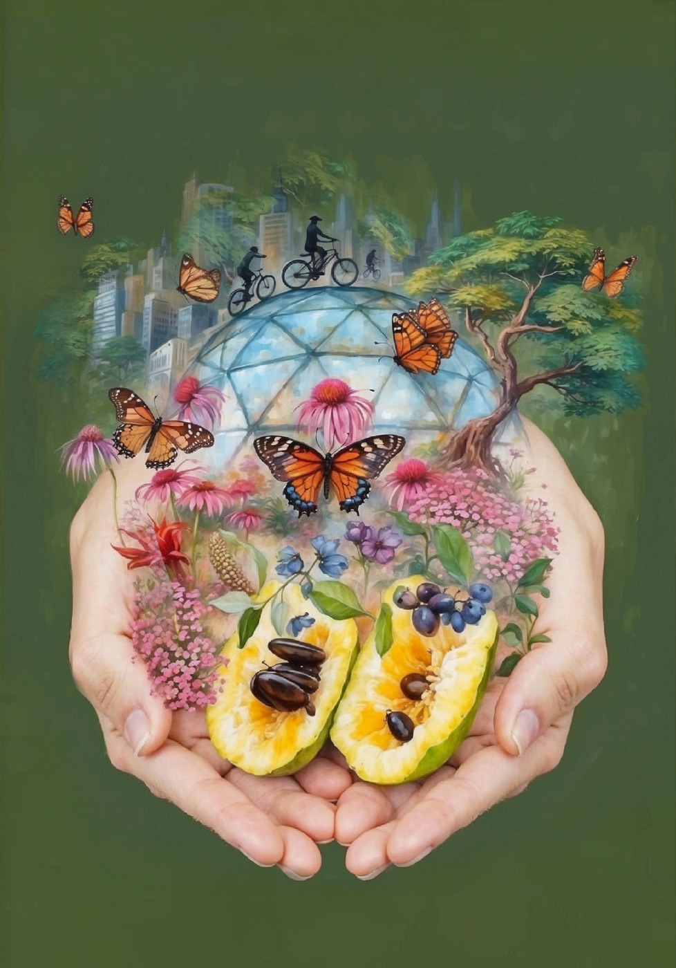 Painting of open hands holding ripe pawpaw fruit, with butterflies, wildflowers, and a living willow dome growing out of them